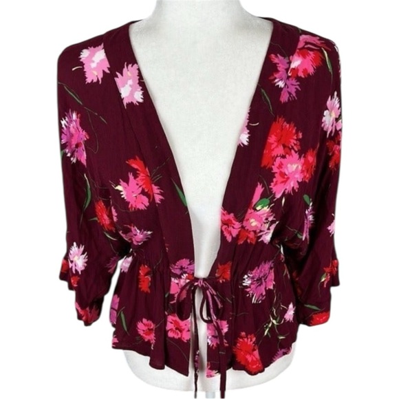 Express Maroon Floral Tie Front Lightweight Top/Sweater Size Small - Picture 2 of 9